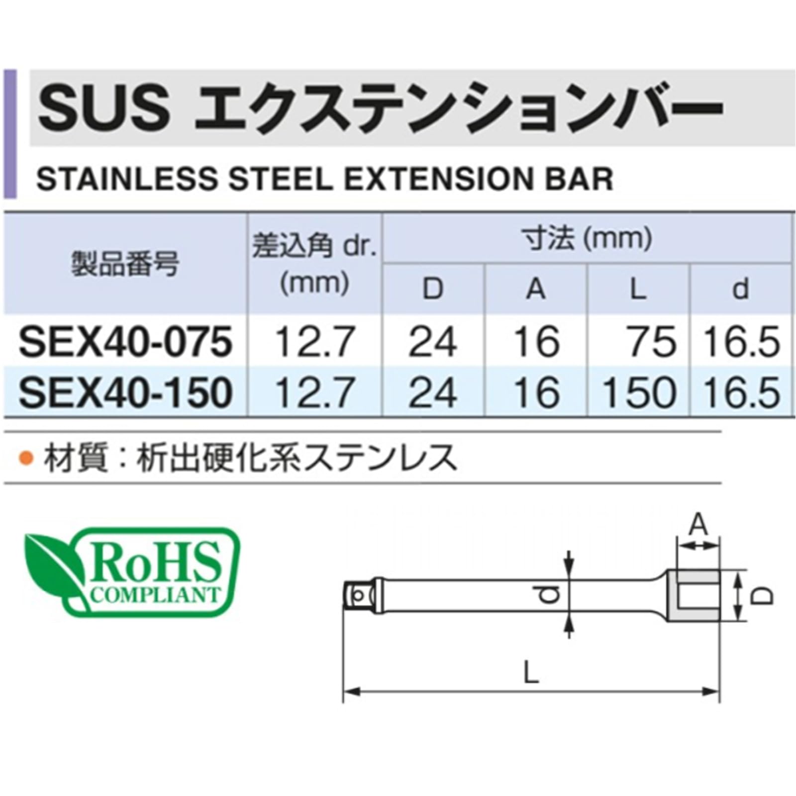 토네 SUS 익스텐션바 SEX40-075 12.7mm 75mm 이미지 5