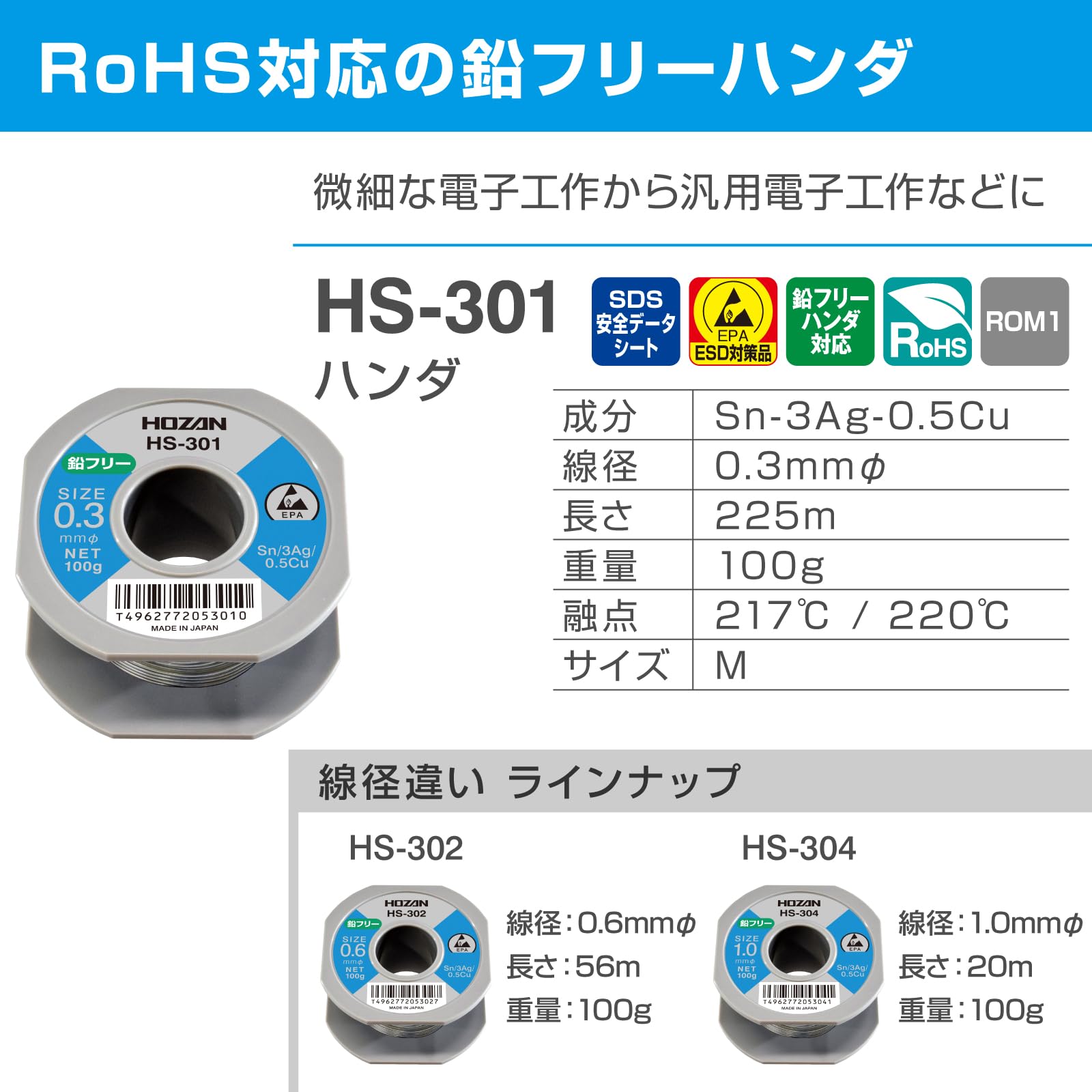호잔 HS-301 0.3mm 100g 무연납 납땜용 M100g 이미지 2
