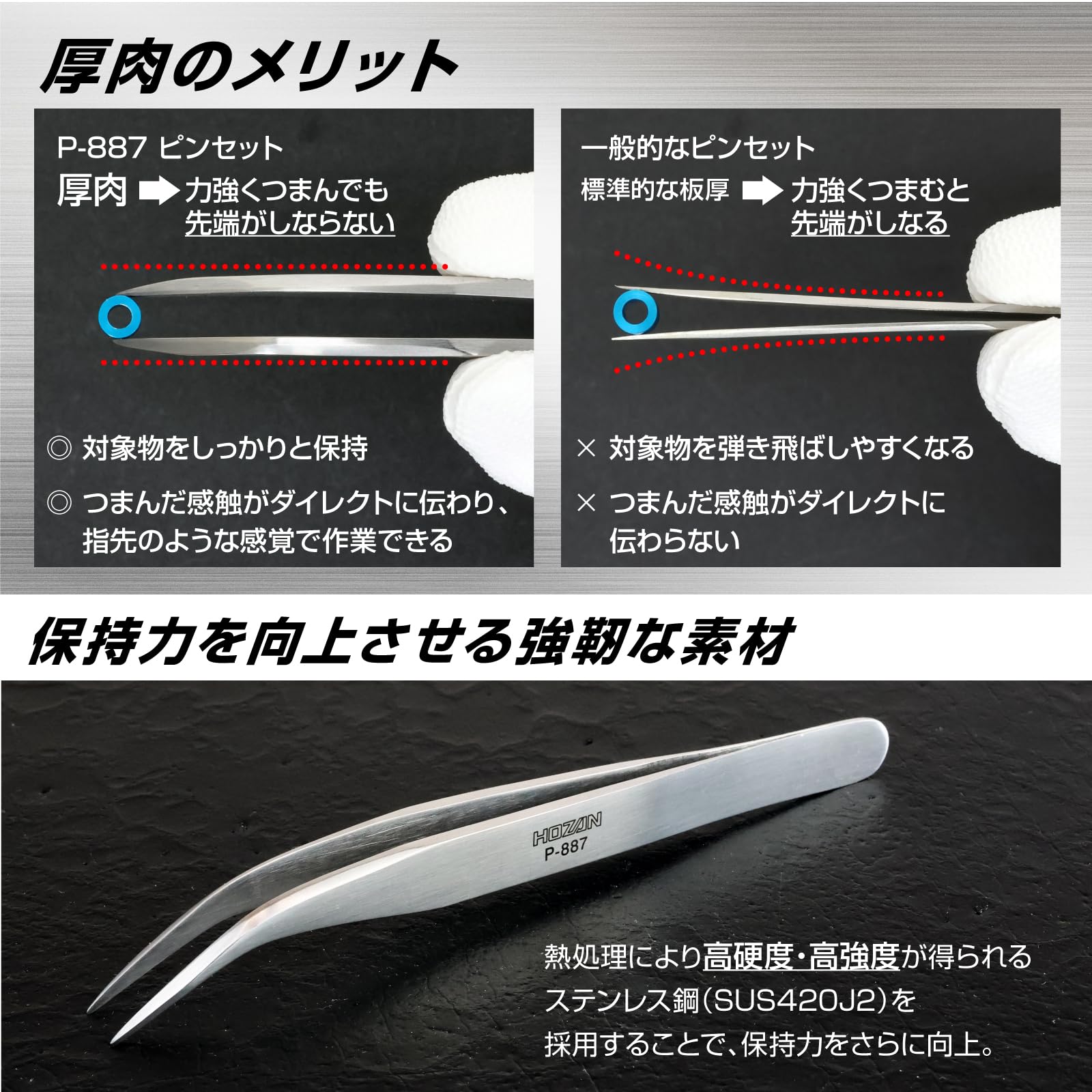 호잔 P-887 130mm 곡선형 정밀 핀셋 스테인리스 팁 폭:0.6mm 곡선형 이미지 3