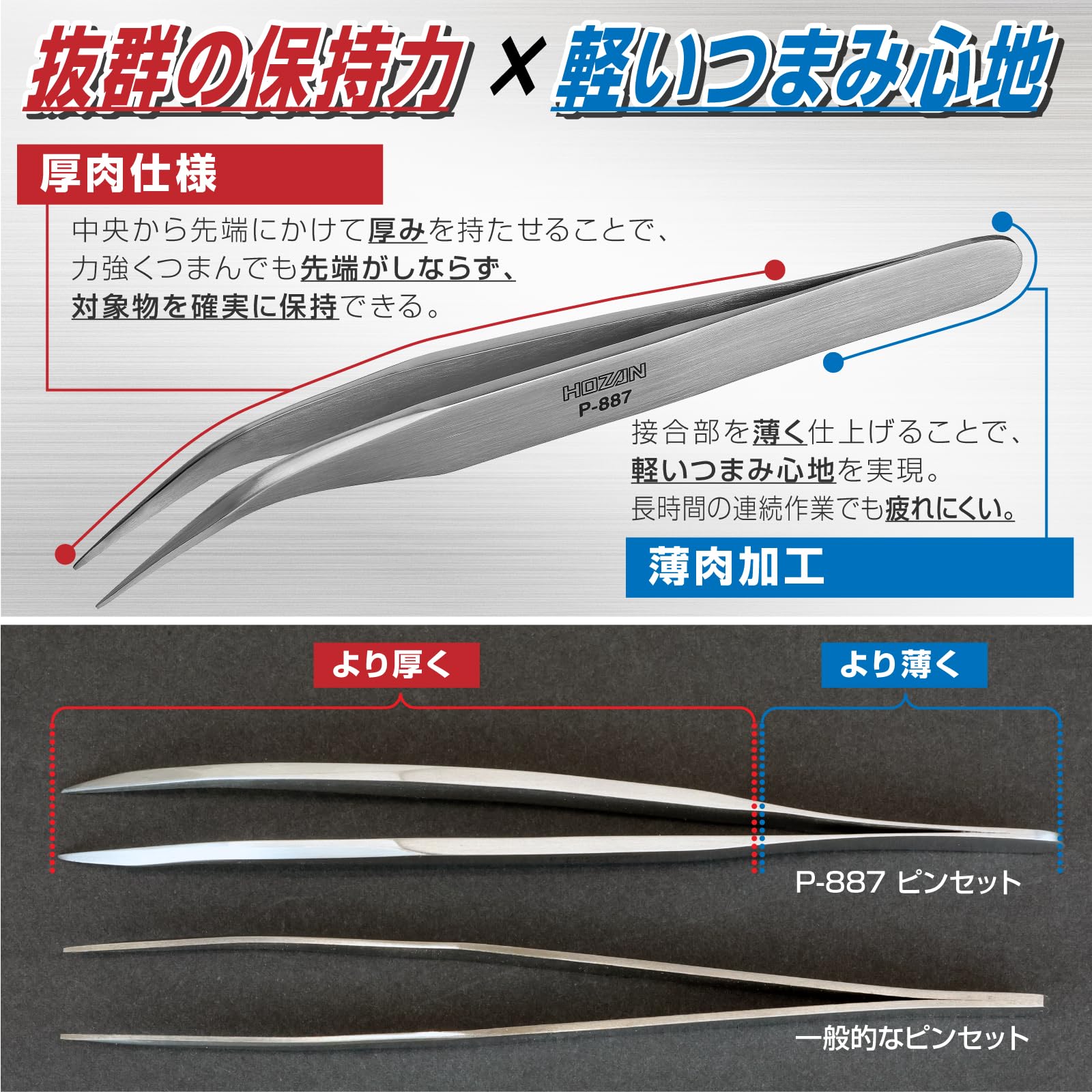 호잔 P-887 130mm 곡선형 정밀 핀셋 스테인리스 팁 폭:0.6mm 곡선형 이미지 2