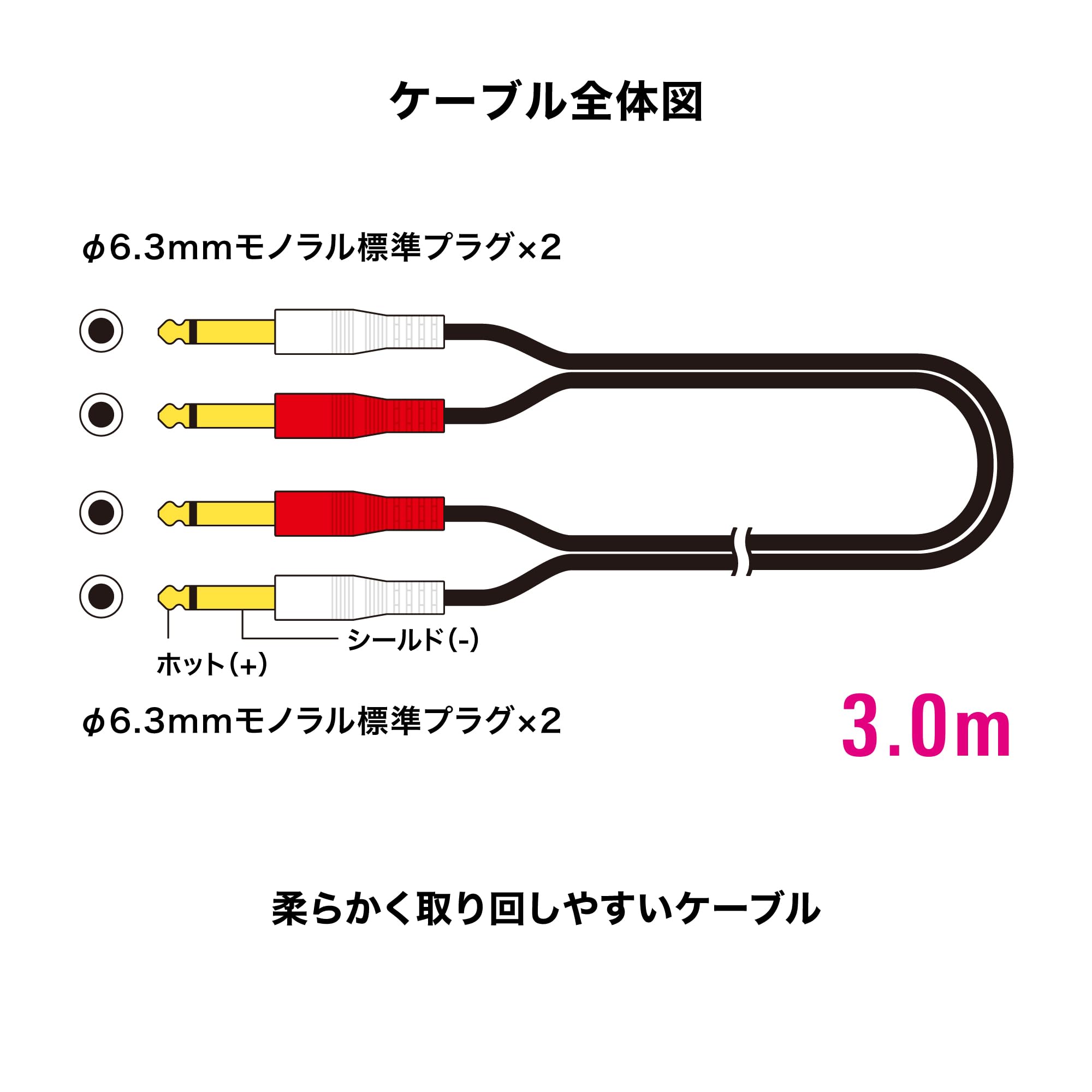 오디오테크니카 AT-MI74/3.0 3.0m 오디오 케이블 6.3mm 모노 2개 모노 2개 이미지 3
