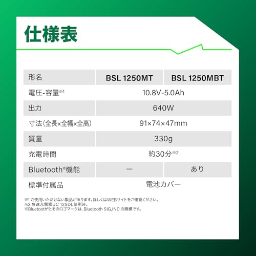 하이코키 BSL1250MT 10.8V 5.0Ah 탭리스 배터리 T-PWR 640W 이미지 3