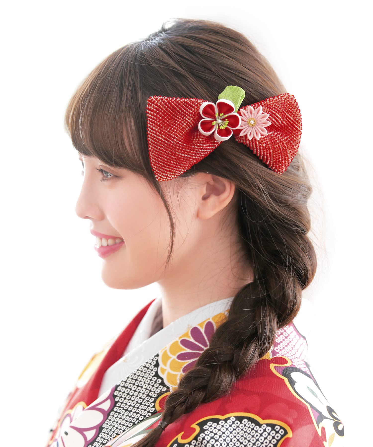 소우비엔 빨간색 매화 국화 리본 kaz6057cm 츠마미자이쿠 머리장식