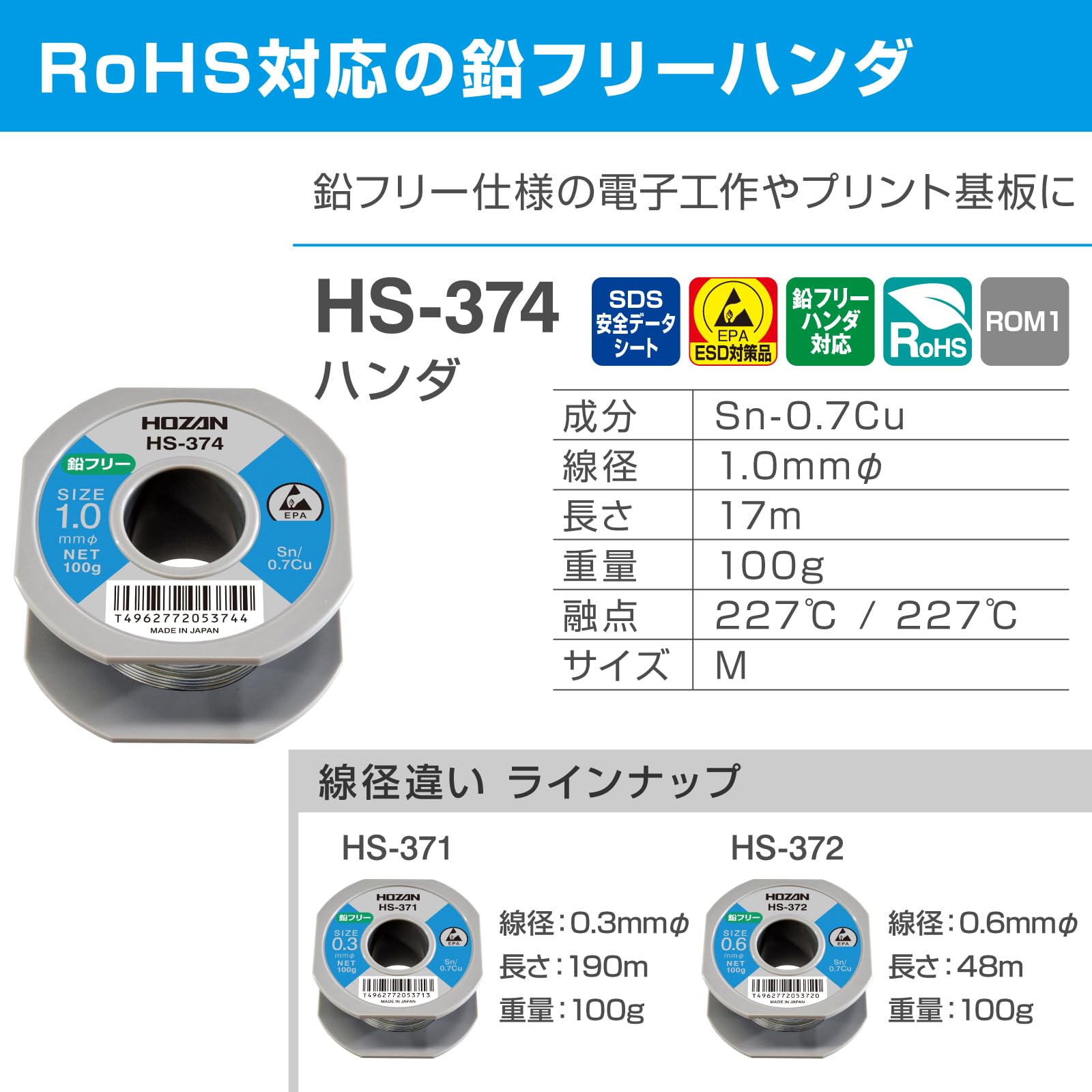 호잔 HS-374 무연 납땜 와이어 1.0mm 선경 1.0mmφ 이미지 2