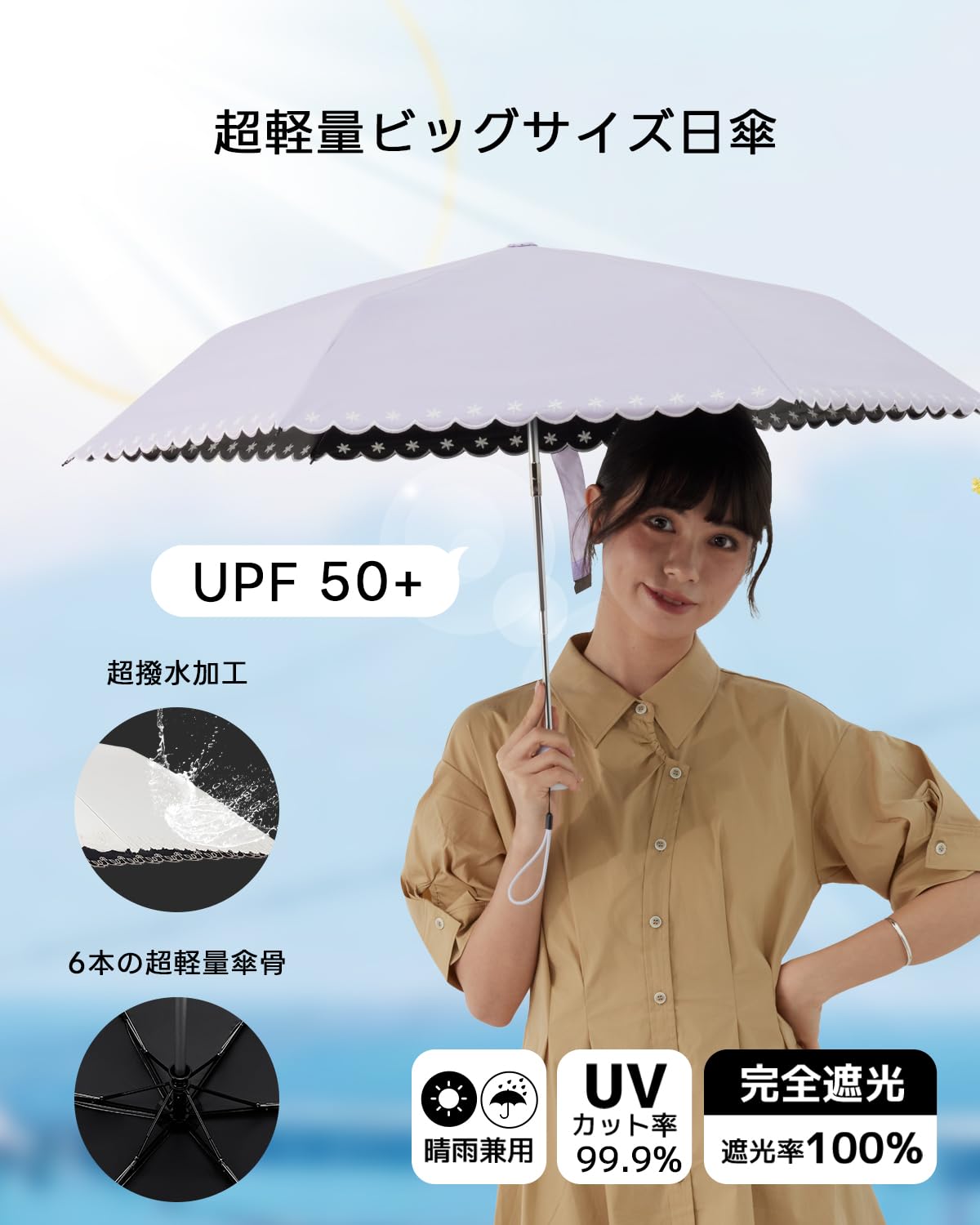 콘치와 3단 자동 양우산 50cm 자외선차단 초경량 자수-I 이미지 2