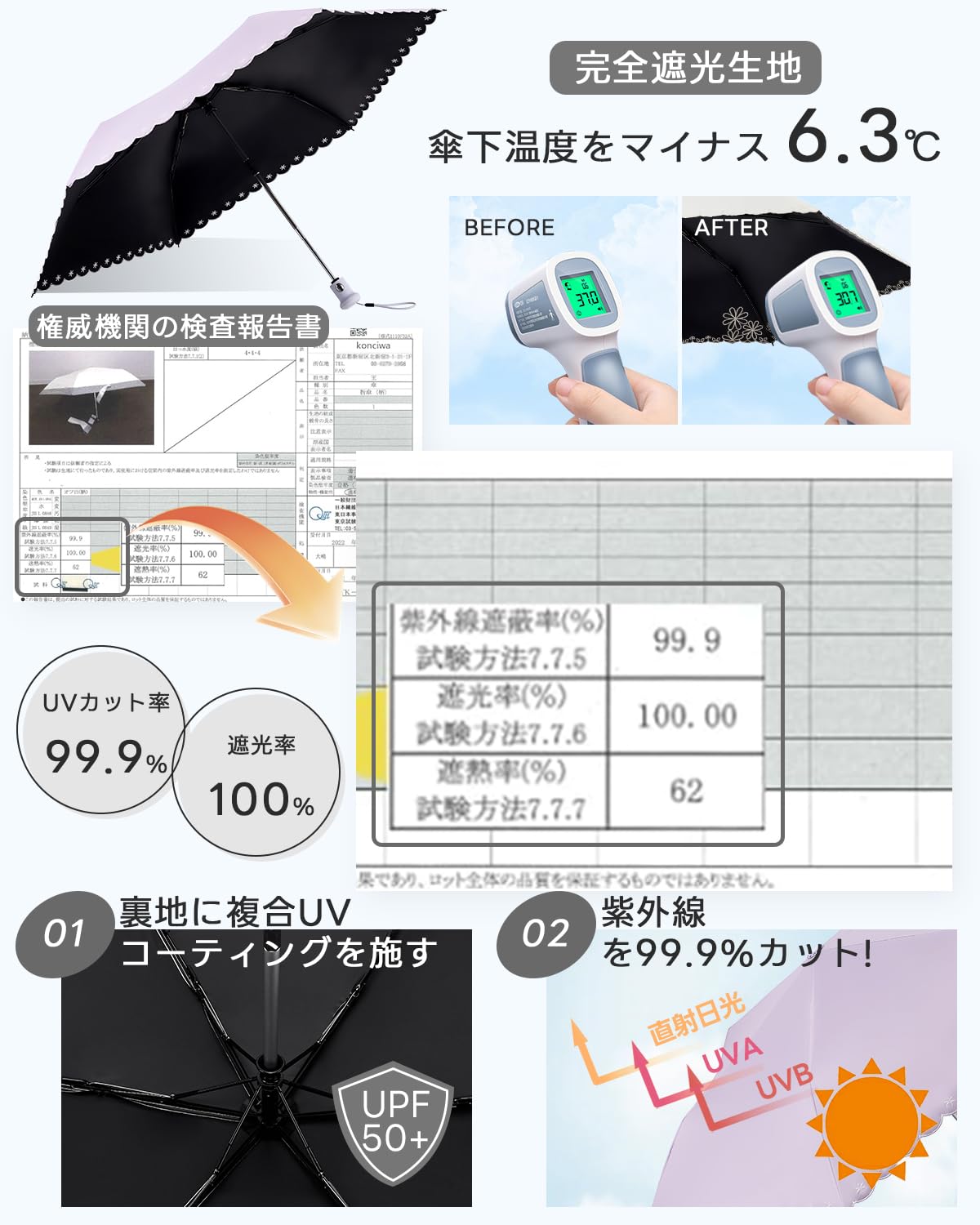 콘치와 3단 자동 양우산 50cm 자외선차단 초경량 자수-I 이미지 4