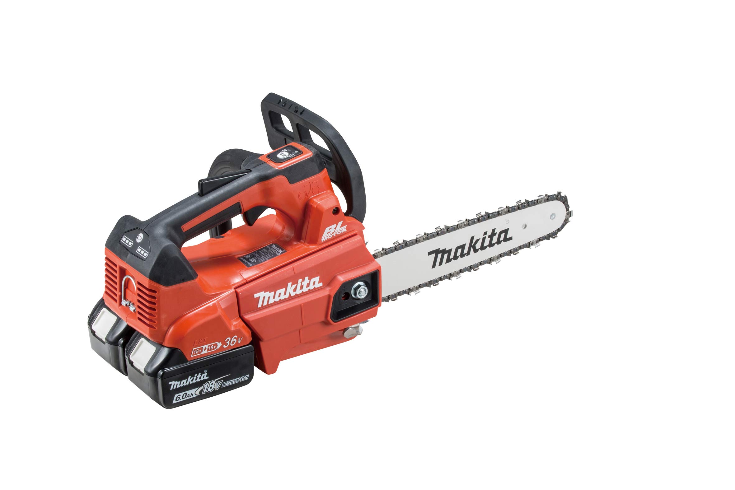 마키타 레드 MUC256DGFR 250mm 충전식 체인톱 18V 6Ah 배터리 2개 충전기