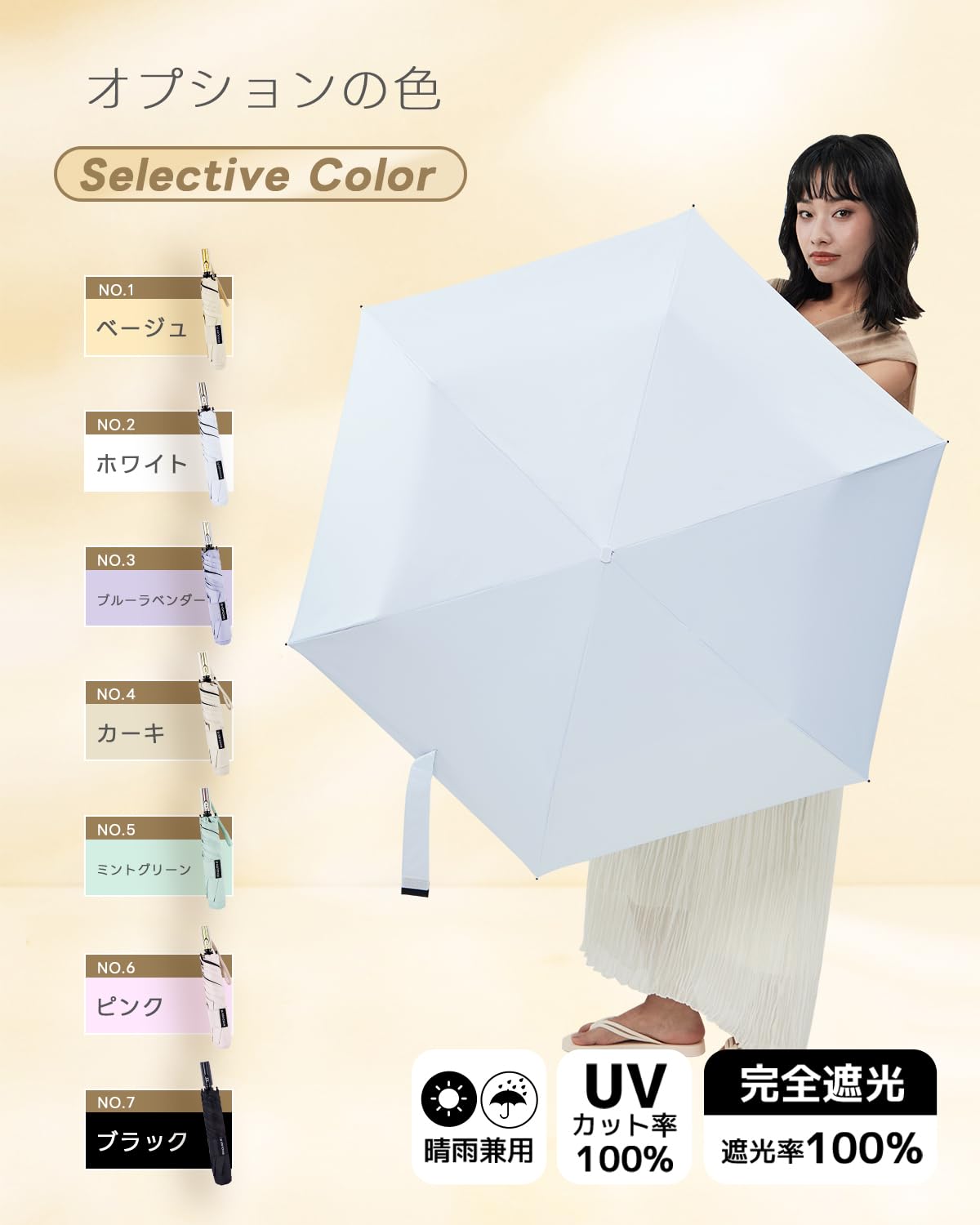 콘치와 완전차광 100% UV차단 경량 접이식 양우산 화이트 이미지 2