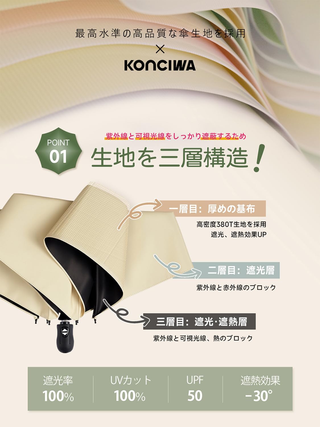 콘치와 5초폴딩 형상기억 초경량 자동 접이식 양우산 완전차광 화이트（220g） 이미지 5