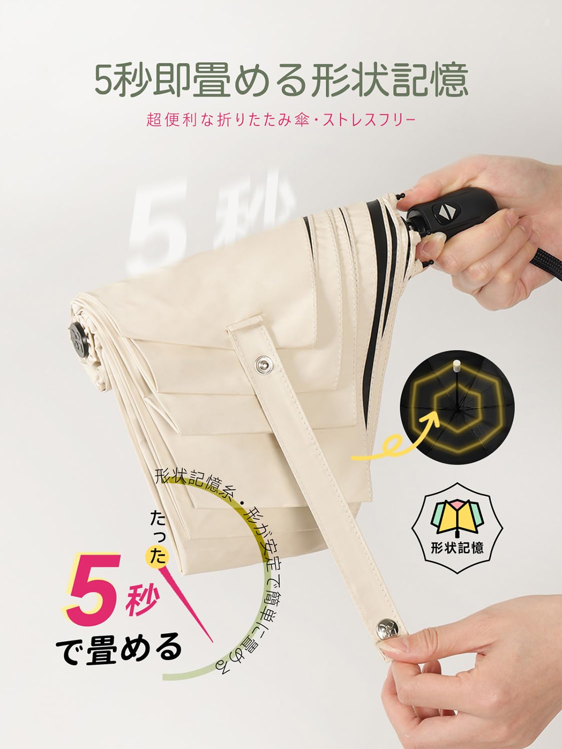 콘치와 5초폴딩 형상기억 초경량 자동 접이식 양우산 완전차광 화이트（220g） 이미지 3