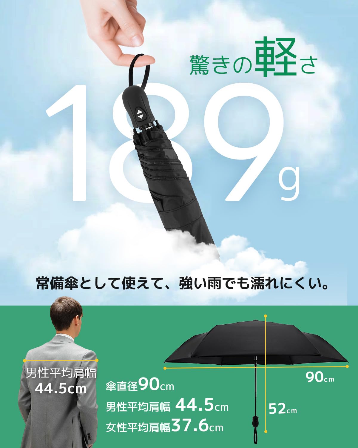 콘치와 Ultra AIR 189g-199g 완전차광 자동 접이식 양우산 블랙 이미지 8