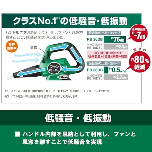 하이코키 어그레시브그린 RB36DB 36V 충전 송풍기 본체 소형 경량 저소음 풍량3단조절 이미지 6