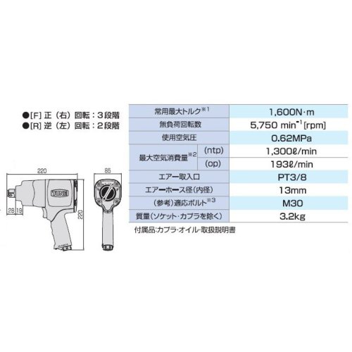 토네 AI6300 레드 19.0mm 에어 임팩트 렌치 1600Nm 이미지 3