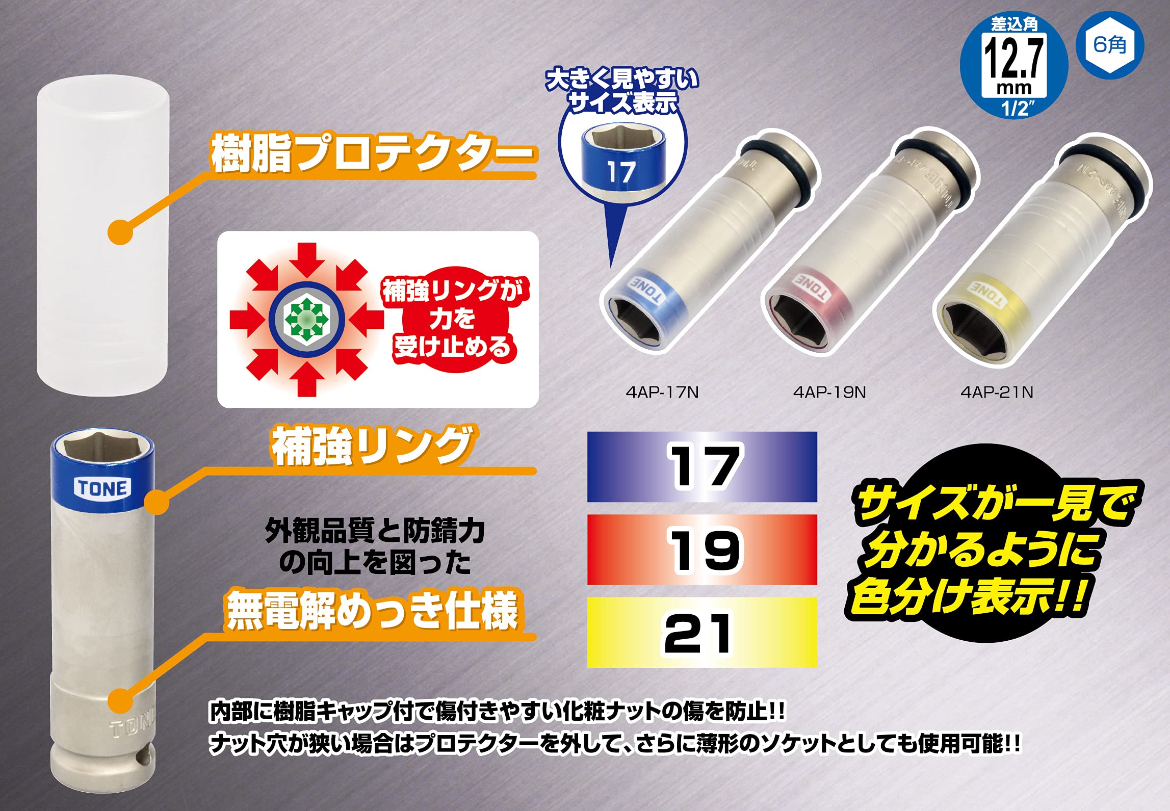 토네 4AP-17N 블루 17mm 임팩트 휠너트 소켓 박형 프로텍터 이미지 5