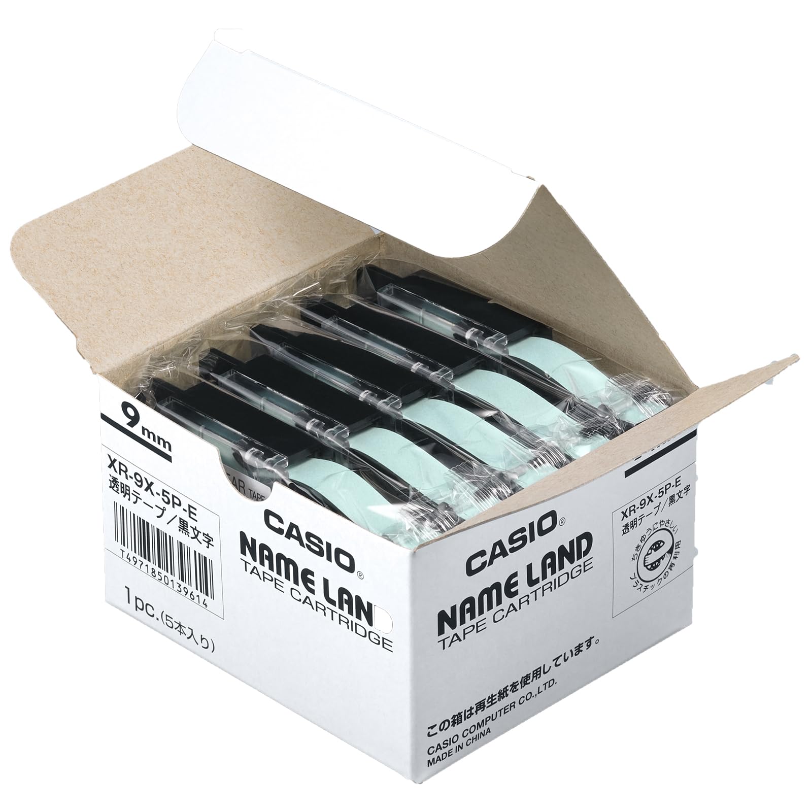 카시오 네임랜드 투명 바탕 검은 글자 XR-9X-5P-E 9mm 5개입 테이프 이미지 1