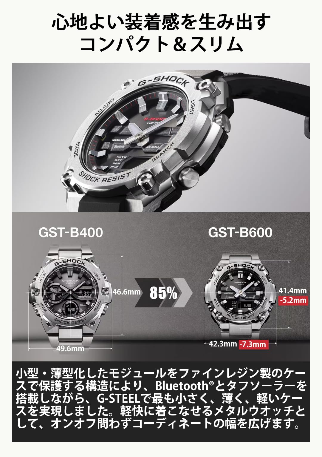 카시오 지샥 G-STEEL GST-B600D-1AJF 콤비네이션 콤팩트 메탈 밴드 블랙 이미지 4