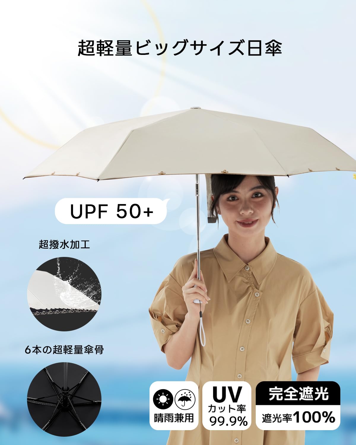 콘치와 3단 자동 양우산 50cm 자외선차단 휴대용 자수-G 이미지 2