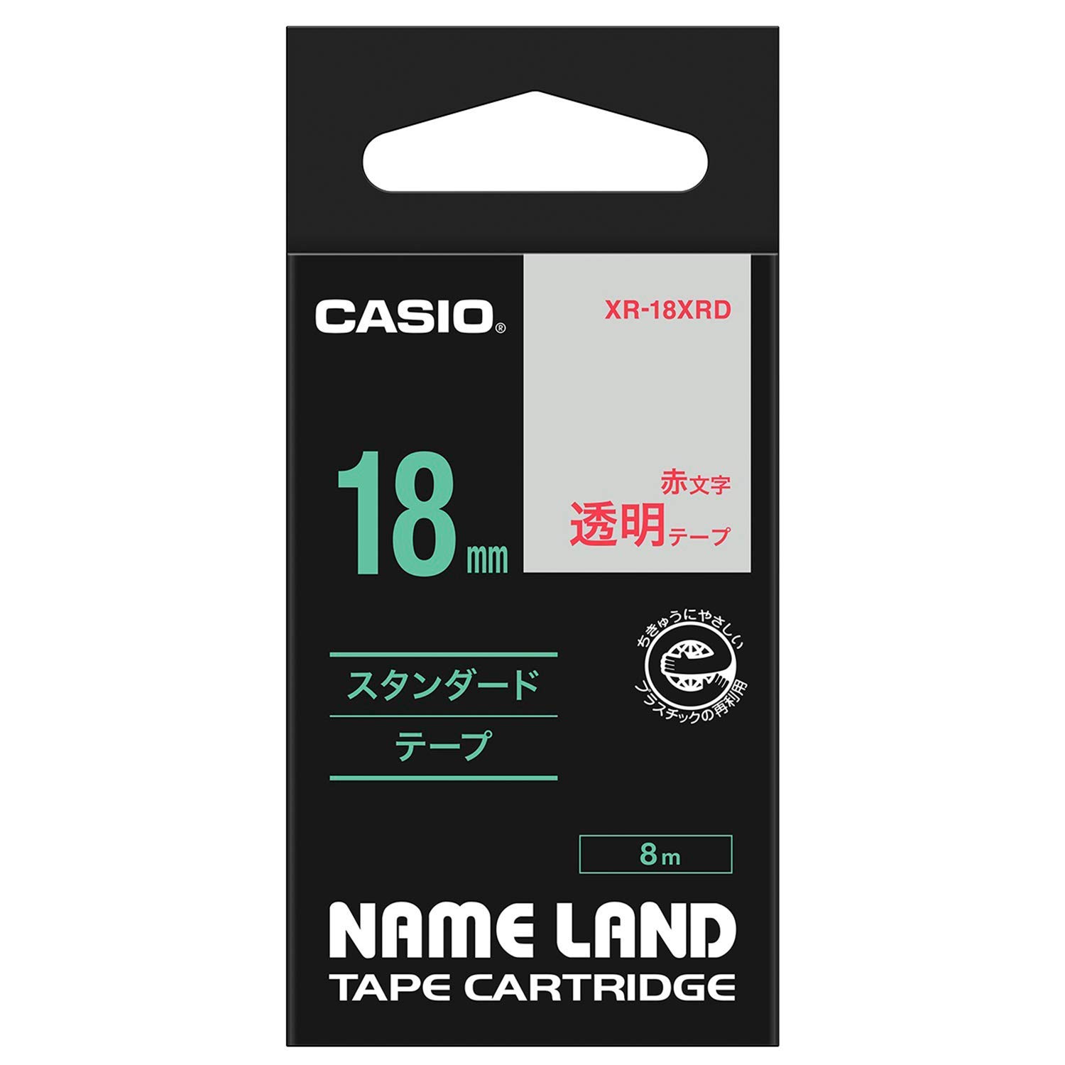 카시오 네임랜드 투명 바탕 빨간 글자 XR-18XRD 18mm 테이프 단품