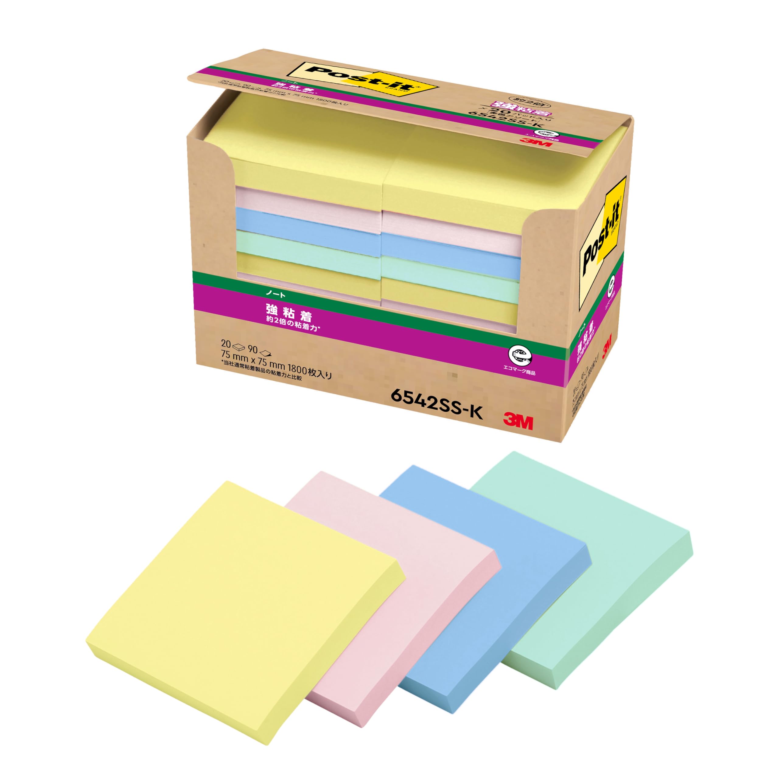 3M 포스트잇 강점착 메모지 6542SS-K 75x75mm 90매 11. 20권 파스텔톤