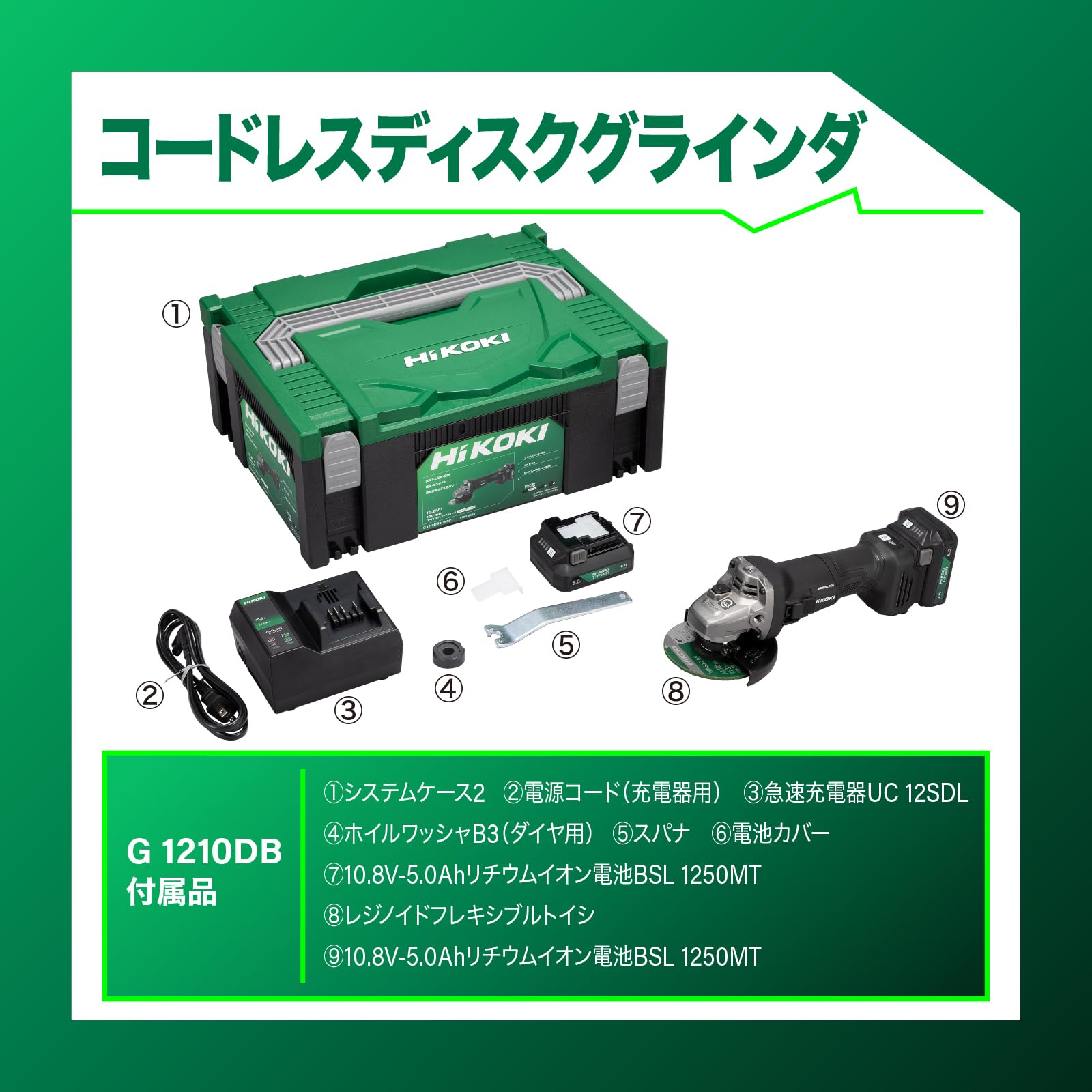 하이코키 G1210DB 100mm 충전식 디스크 그라인더 배터리 2개 세트 이미지 2