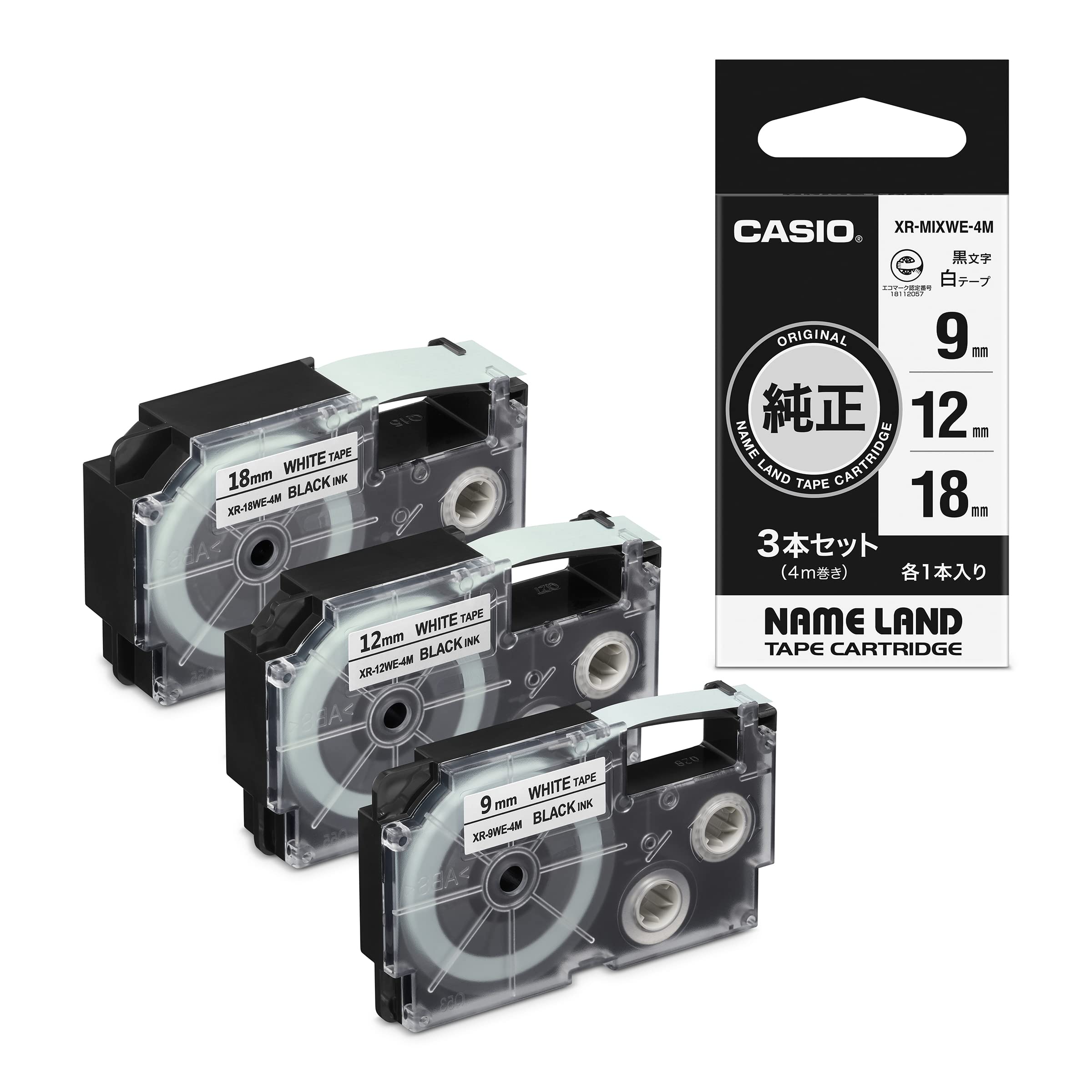 카시오 네임랜드 XR-MIXWE-4M 9 12 18mm 라벨 테이프 화이트 12 18mm 이미지 1