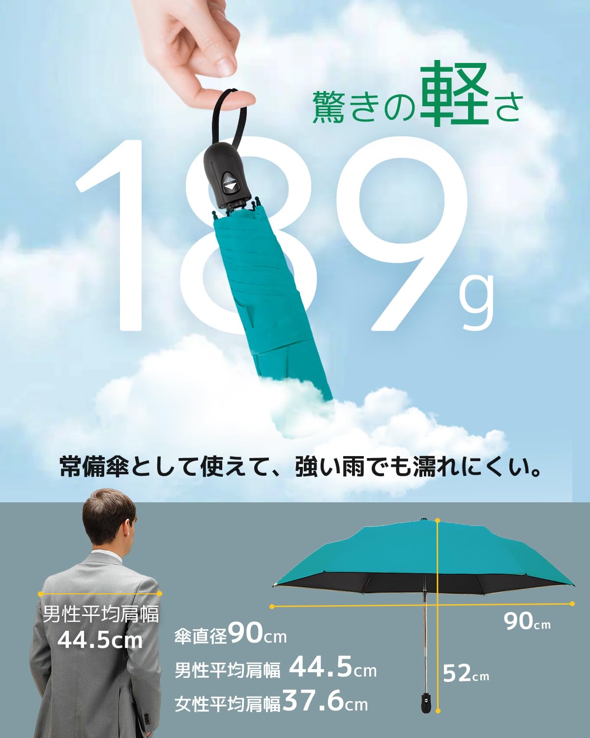 콘치와 Ultra AIR 189g-199g 완전차광 자동 접이식 양우산 터콰이즈블루 이미지 8