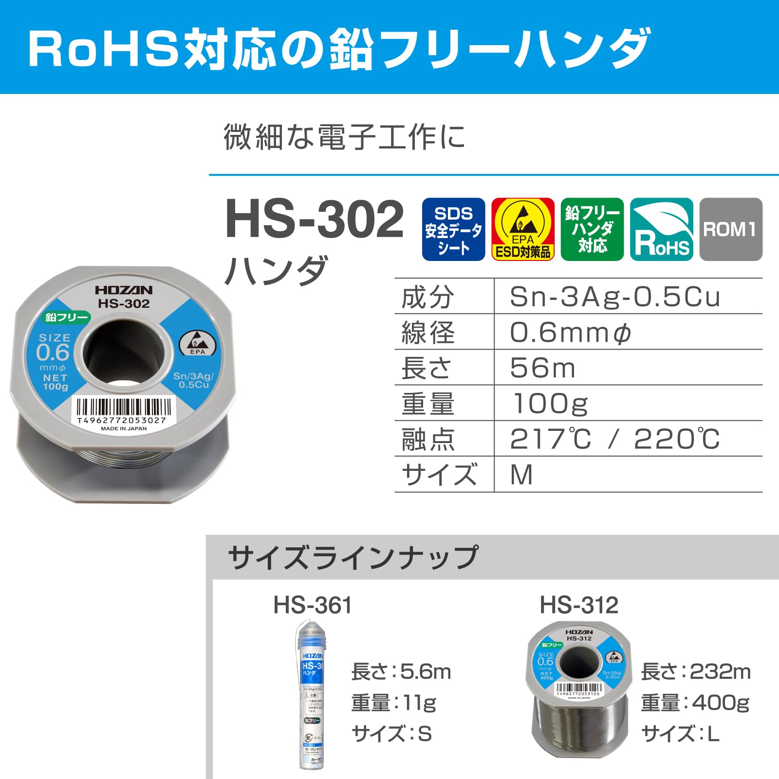 호잔 HS-302 0.6mm 100g 무연납 M100g 이미지 2