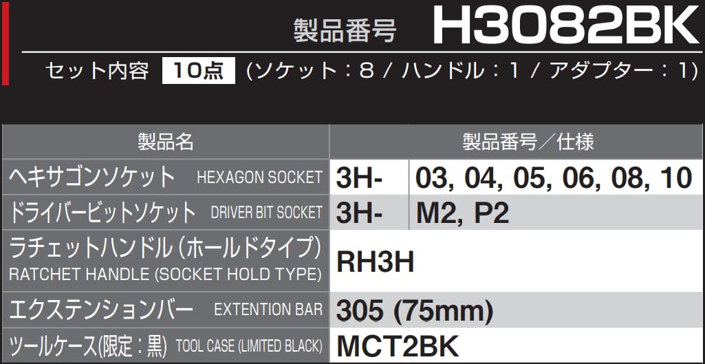 토네 블랙 H3082BK 9.5mm 헥사곤 소켓 렌치 세트 10점 이미지 5
