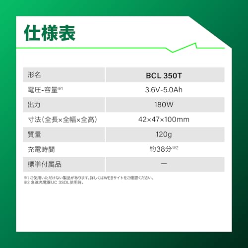 하이코키 탭리스 배터리 BCL350T 3.6V 5.0Ah T-PWR 180W 이미지 3