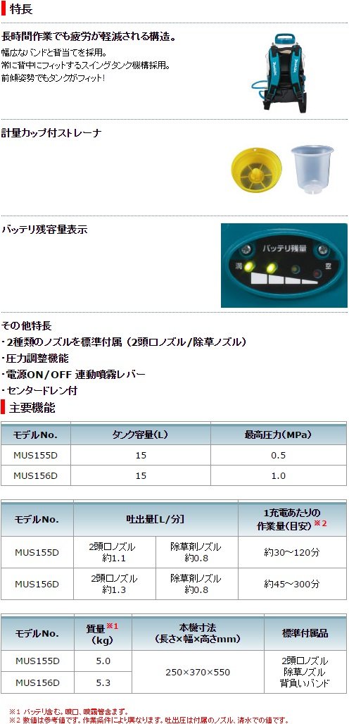 마키타 MUS156DZ 15L 충전식 등짐형 분무기 18V 고압 프로용 이미지 2
