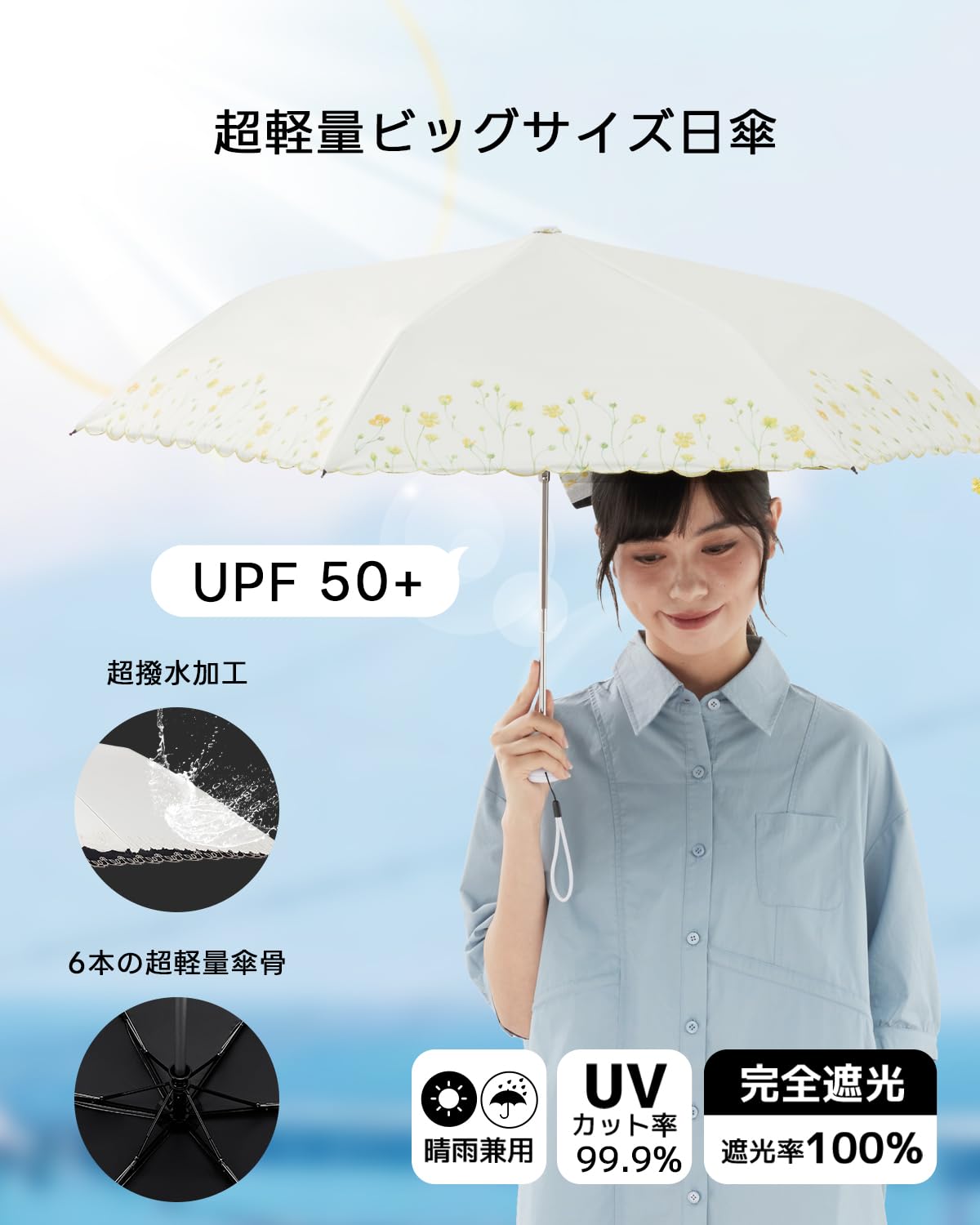 콘치와 3단 자동 양우산 50cm 자외선차단 초발수 100% 루리이로 이미지 2