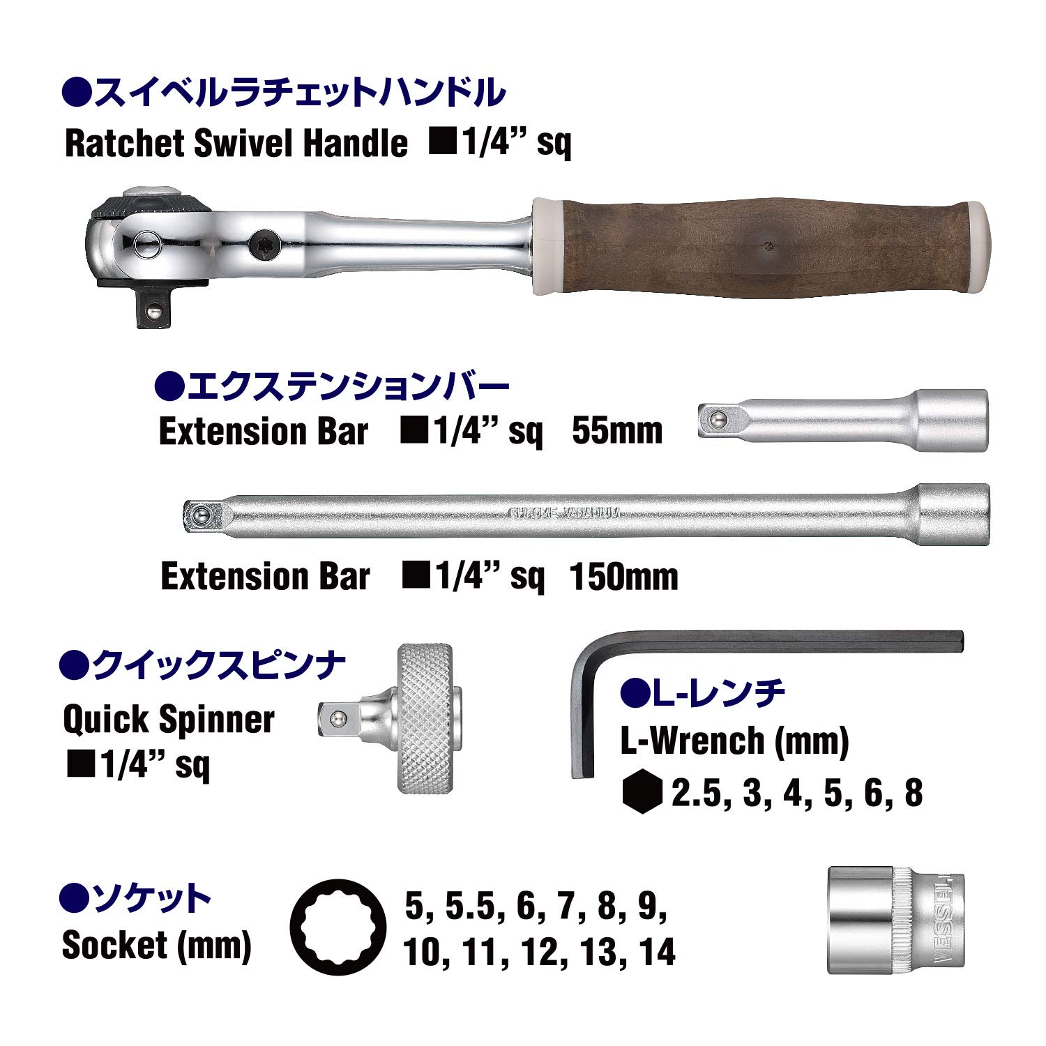 베셀 우디 스위블 HRW2004M-SW 6.35mm 소켓 렌치 세트 21pcs 논슬립 이미지 2