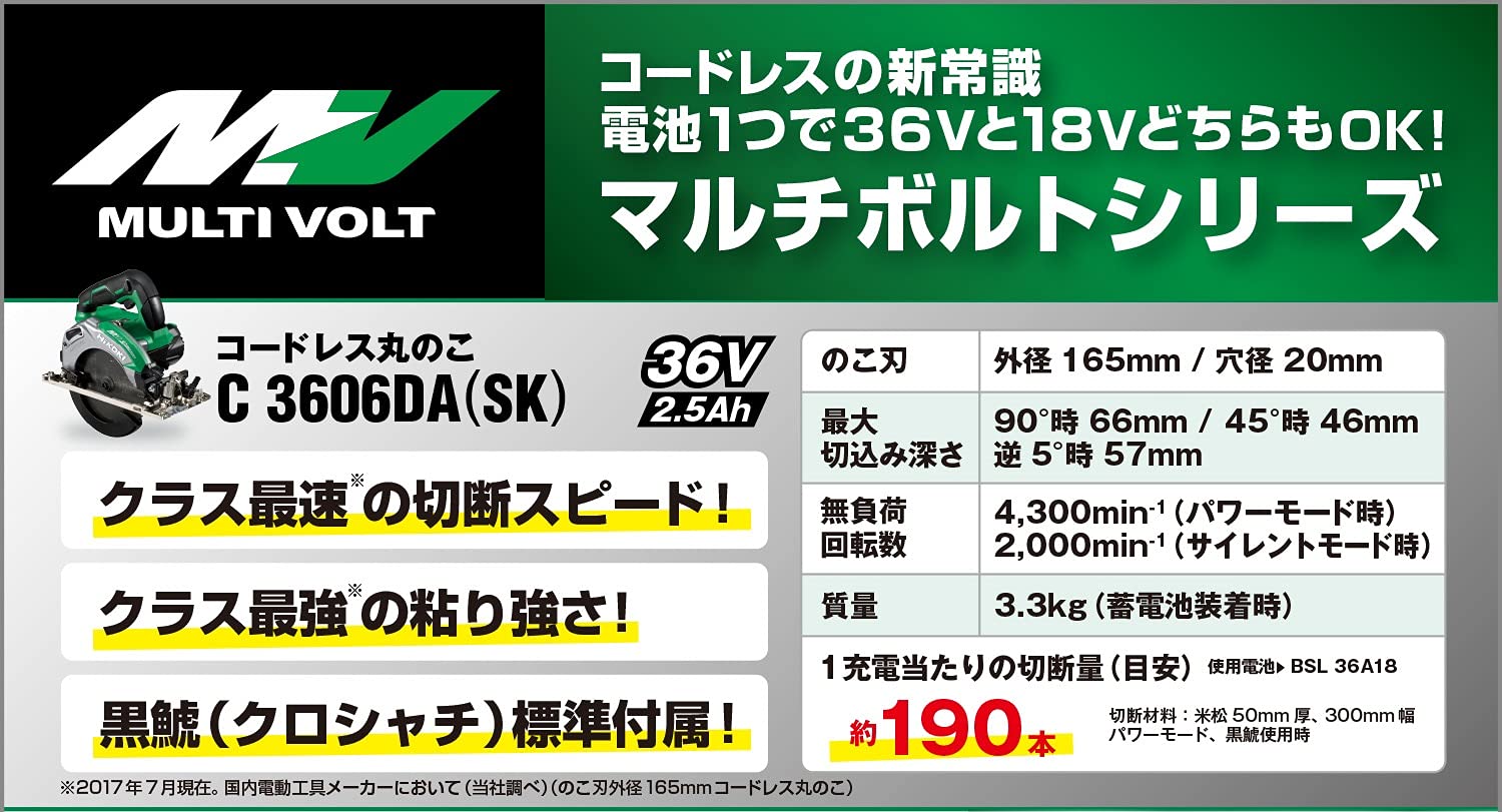 하이코키 36V 165mm 충전 원형톱 C3606DA SK 2XPS 아그레시브그린 이미지 2