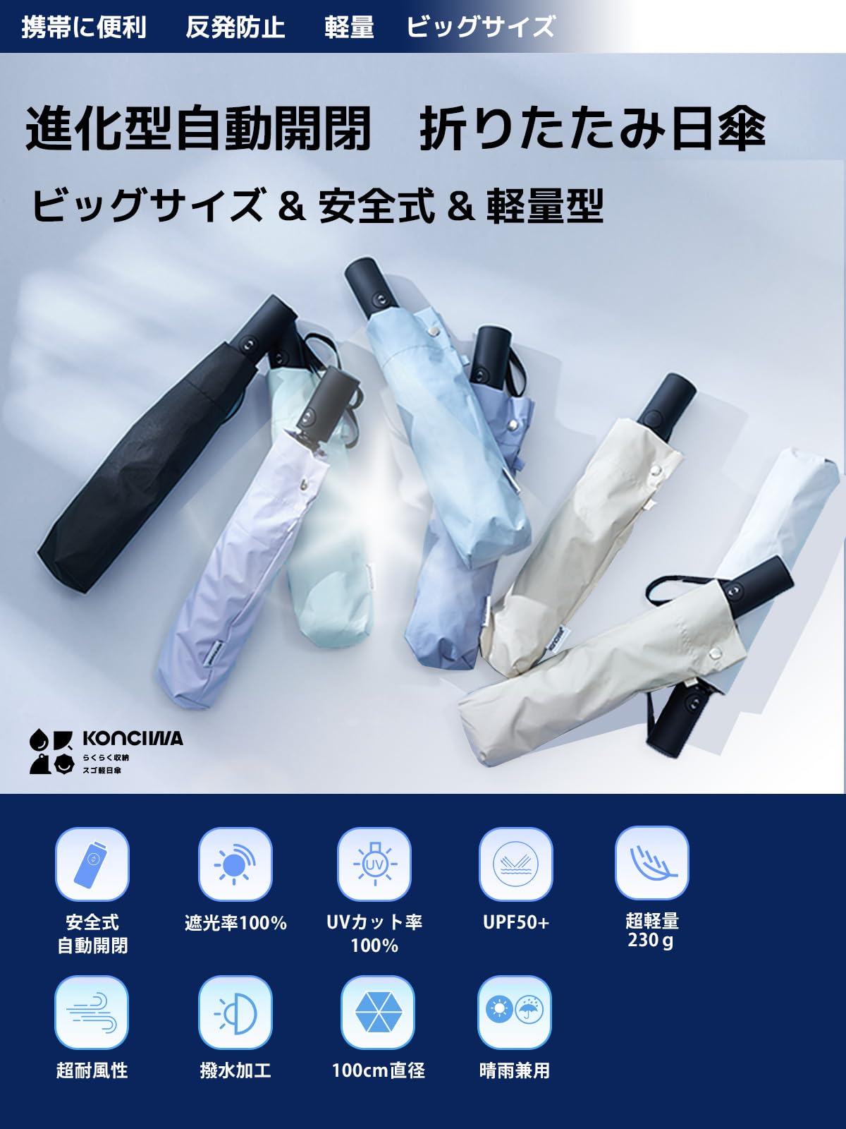 콘치와 3단 자동 접이식 양우산 100cm 완전암막 다크그레이 이미지 6