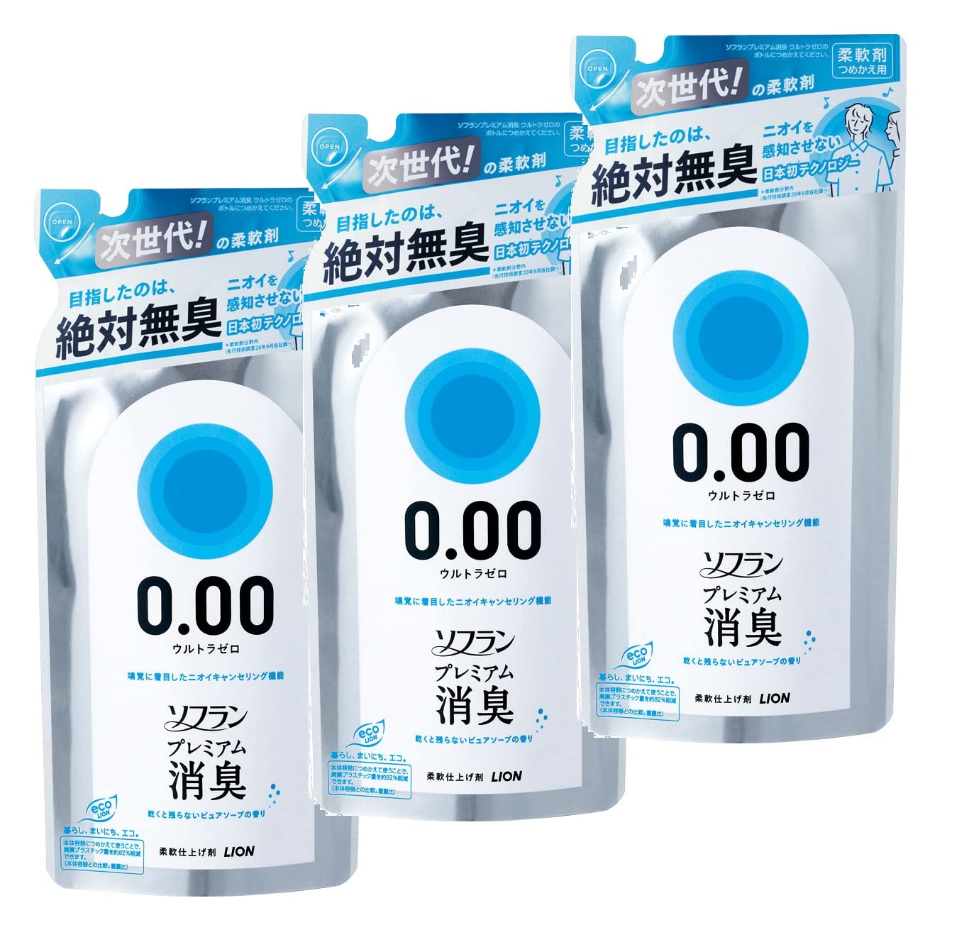 라이온 소프란 프리미엄 탈취 섬유유연제 리필 400ml 3개입