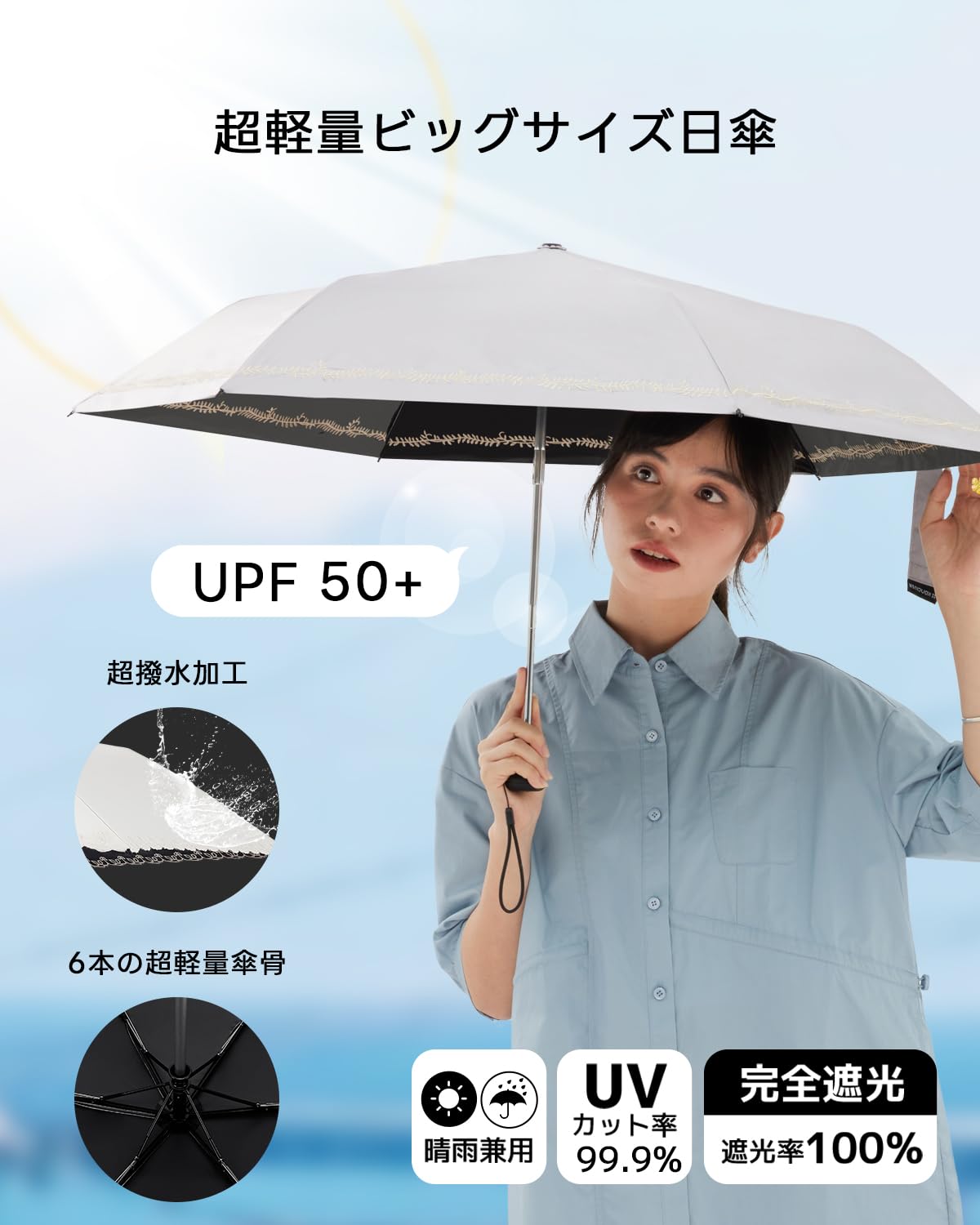 콘치와 3단 자동 양우산 50cm 자외선차단 암막 자수-3 이미지 3